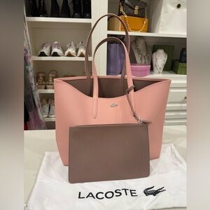 Lacoste Pink Tote Reversible with Removable Taupe Pouch. And Dust Bag